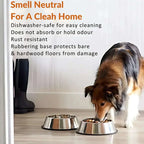 Dog eating from a metal bowl on a wooden floor with text about dishwasher-safe cleaning solution.