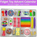 Fidget toy advent calendar with various fidget toys inside, set against a purple background.