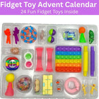 Fidget toy advent calendar with various fidget toys inside, set against a purple background.