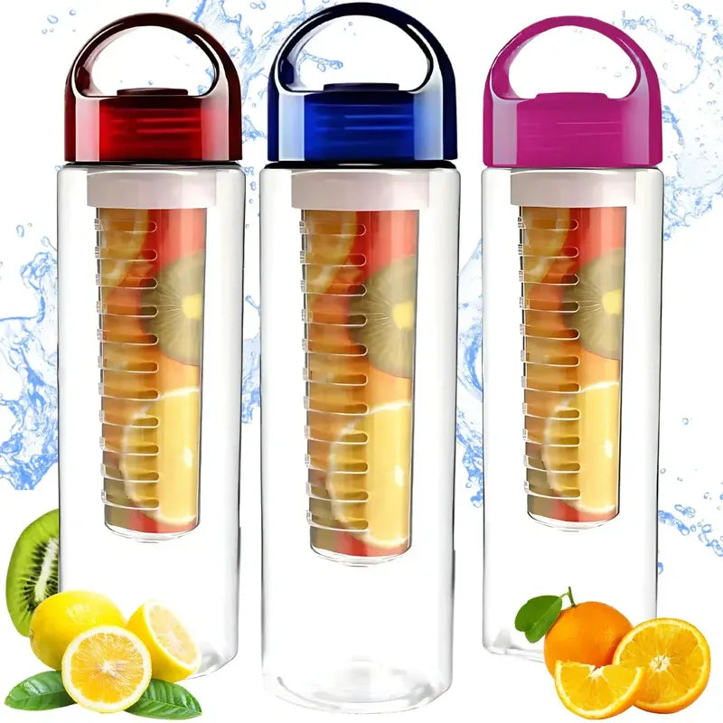 Three colorful water bottles with fruit infusers on a white background