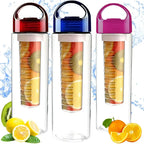Three colorful water bottles with fruit infusers on a white background
