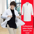 Person wearing a white lab coat with a close-up inset of the coat on a red background.