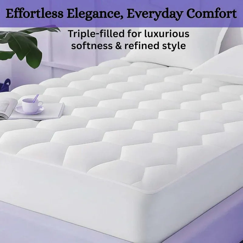 Mattress pad on a bed with text highlighting comfort and style