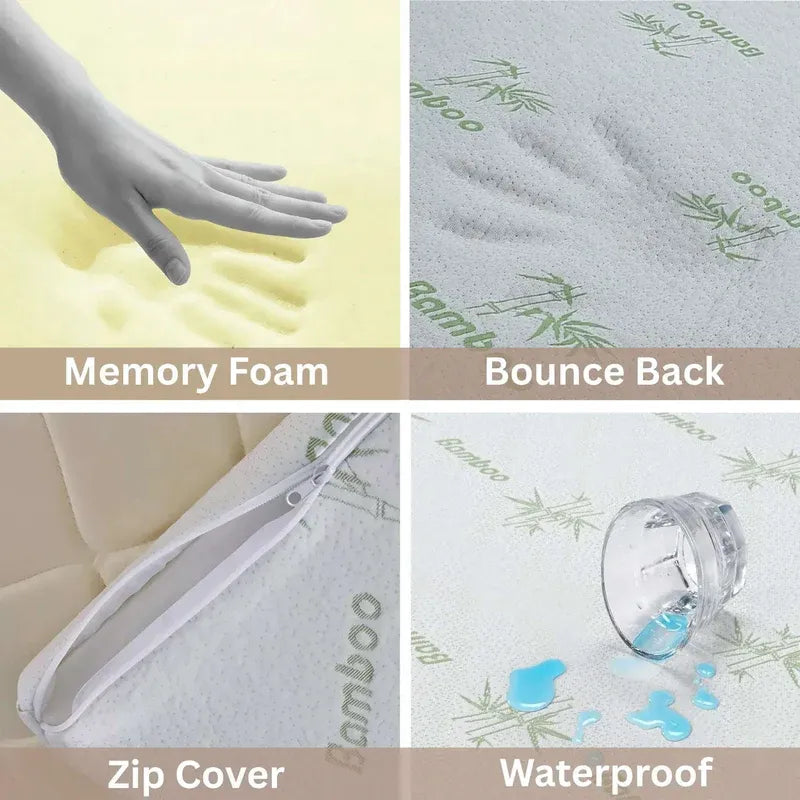 Collage of mattress features including memory foam, bounce back, zip cover, and waterproof properties.