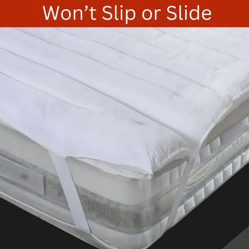 Mattress protector on a bed with text 'Won't Slip or Slide' at the top.