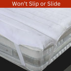 Mattress protector on a bed with text 'Won't Slip or Slide' at the top.