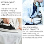 Lab coat being ironed and person wearing a lab coat with a microscope, text about lab coat care and versatility.