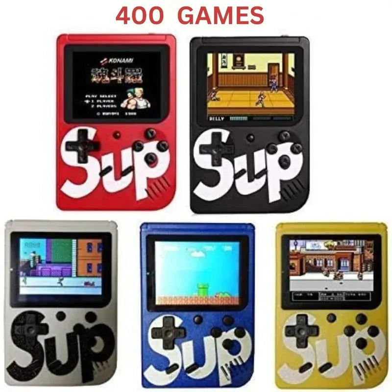 Five colorful handheld gaming consoles with 'Sup' branding and game screens on a white background.