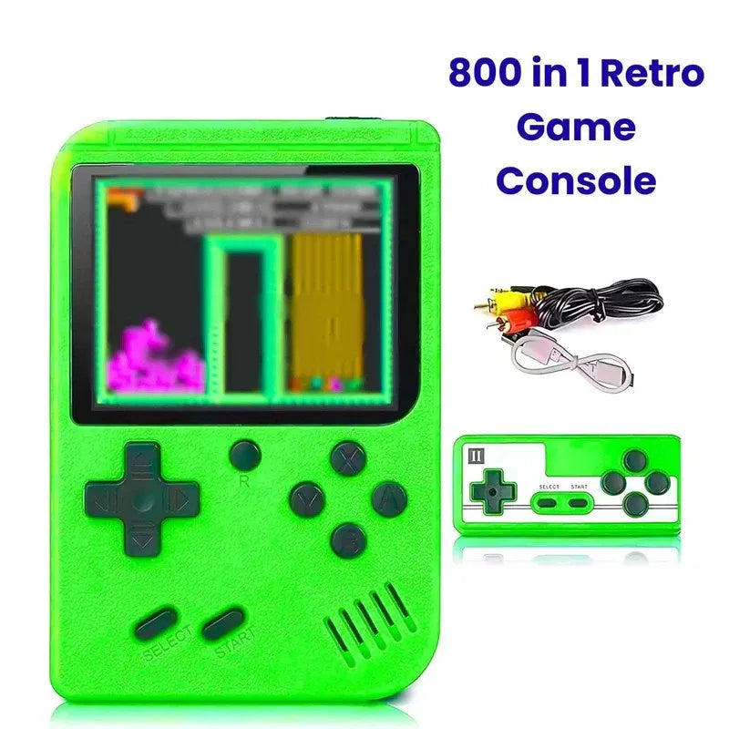 Green retro game console with screen displaying a game, cable, and reflection on a white background.