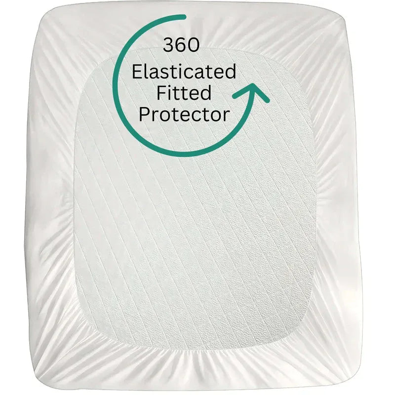 White mattress protector with '360 Elasticated Fitted Protector' text on a white background