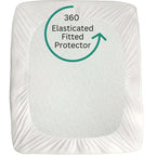 White mattress protector with '360 Elasticated Fitted Protector' text on a white background