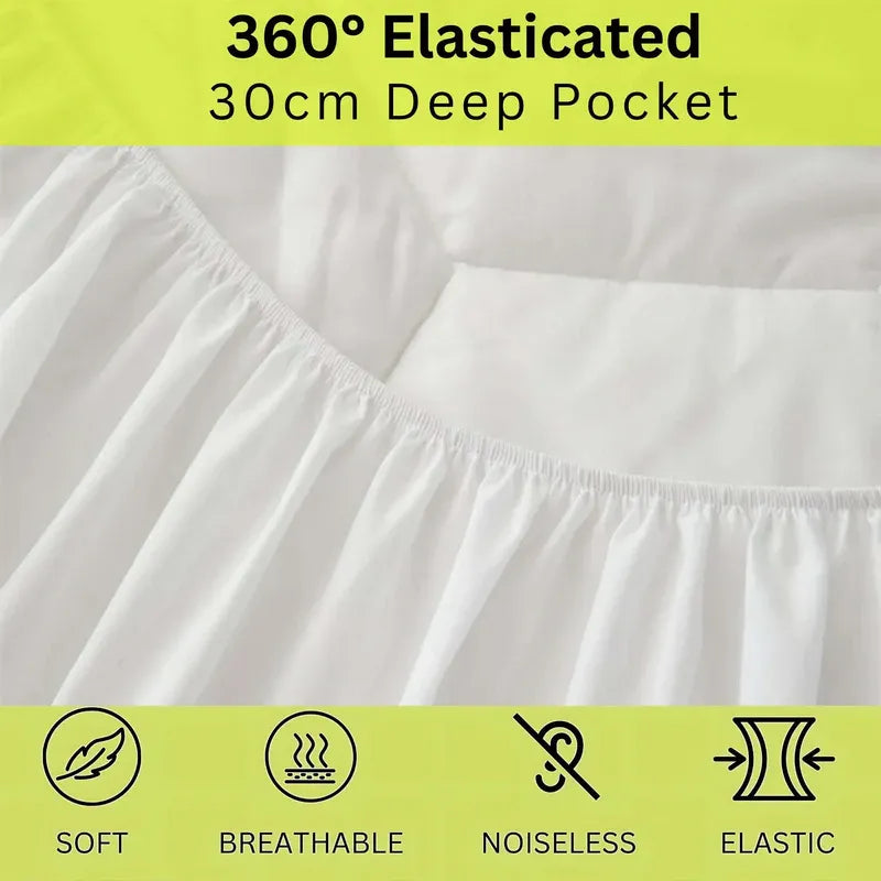 White fitted sheet with elastic waistband on a yellow background, featuring text and icons.