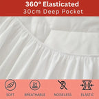 White fitted sheet with elasticized edge on a plain background, featuring text and icons about product features.