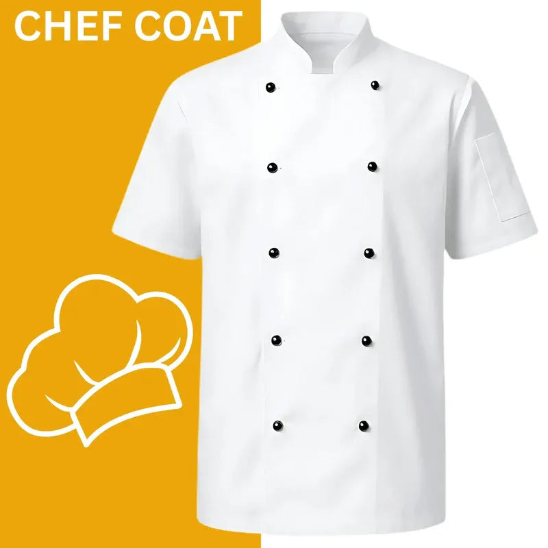 White chef coat with black buttons on a yellow background with chef hat icon