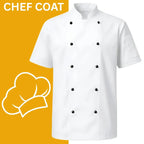 White chef coat with black buttons on a yellow background with chef hat icon
