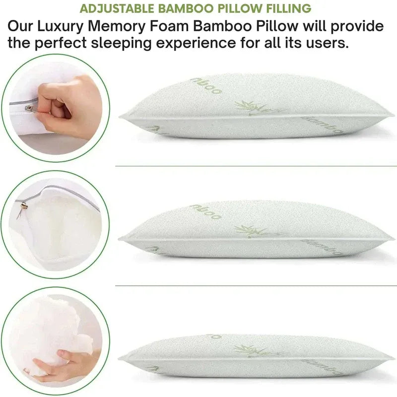 Crushed Memory Foam Bamboo Pillow – Cooling, Adjustable &amp; Hypoallergenic | 39 x 64 x 16 cm / 15.3 x 25.2 x 6.3 in - 4A's Global