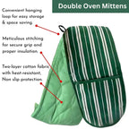 Green double oven mitt with text highlighting features on a white background