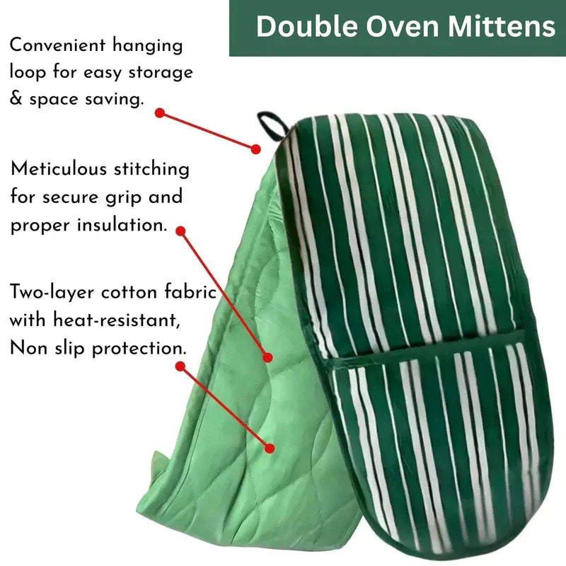 Green double oven mitt with text highlighting features on a white background
