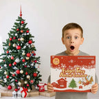 Child holding a Fidget Toys Advent Calendar in front of a decorated Christmas tree.