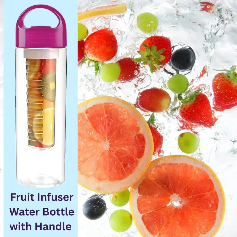 Fruit infuser water bottle with handle on a light blue background, surrounded by fruits and vegetables in water.