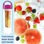 Fruit infuser water bottle with handle on a light blue background, surrounded by fruits and vegetables in water.
