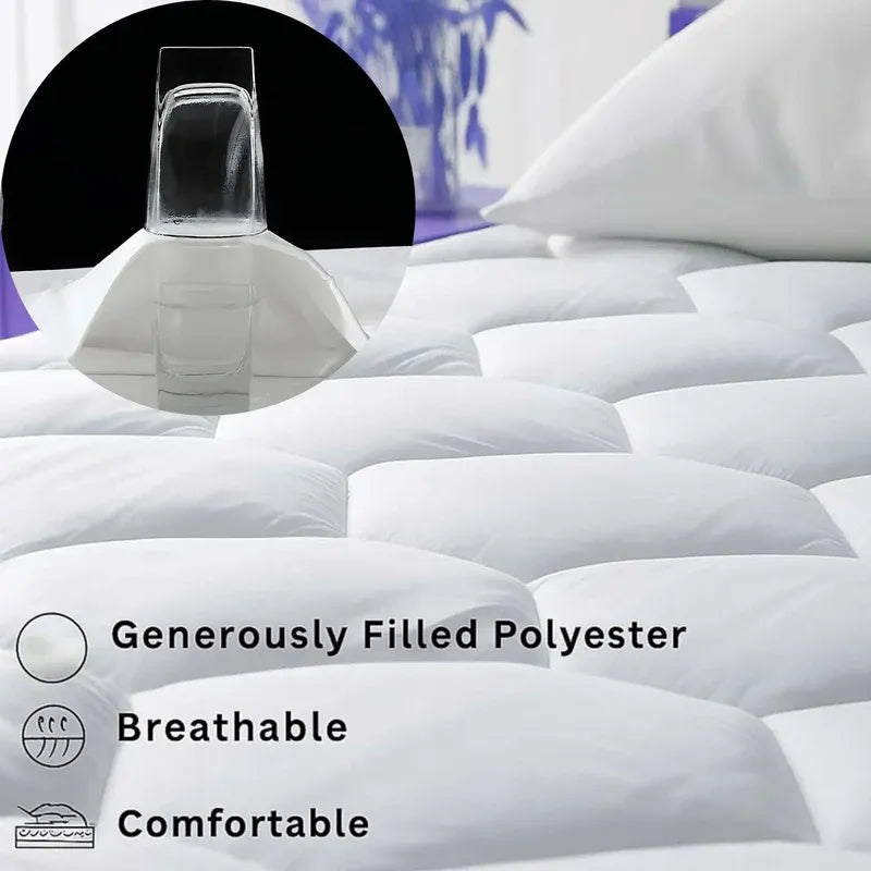 White mattress topper on a bed with text highlighting features
