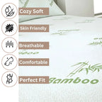 Bamboo bed sheet set with features listed on a white background