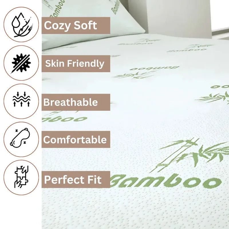 Bamboo bed sheet set with features listed on a white background