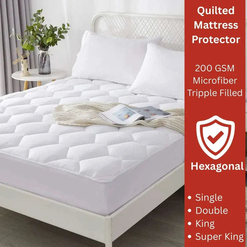Quilted Mattress Protector Sheet | 40cm Deep Fit Skirt | 200 GSM Triple Fill | Lightweight, Breathable &amp; Noiseless - 4A's Global