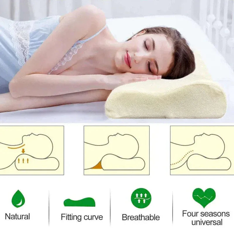 Woman sleeping with a neck pillow, surrounded by illustrations of its benefits.