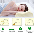 Woman sleeping with a neck pillow, surrounded by illustrations of its benefits.
