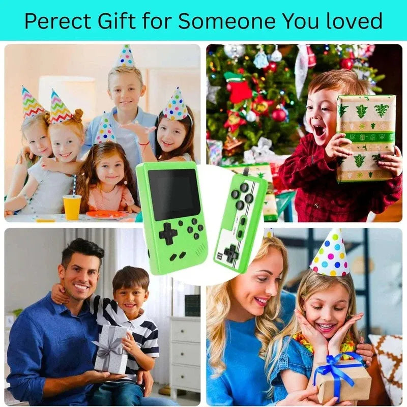 Collage of people with children, a green handheld gaming console, and gift-wrapped presents.
