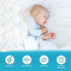 Baby sleeping on a white mattress with product features listed below.