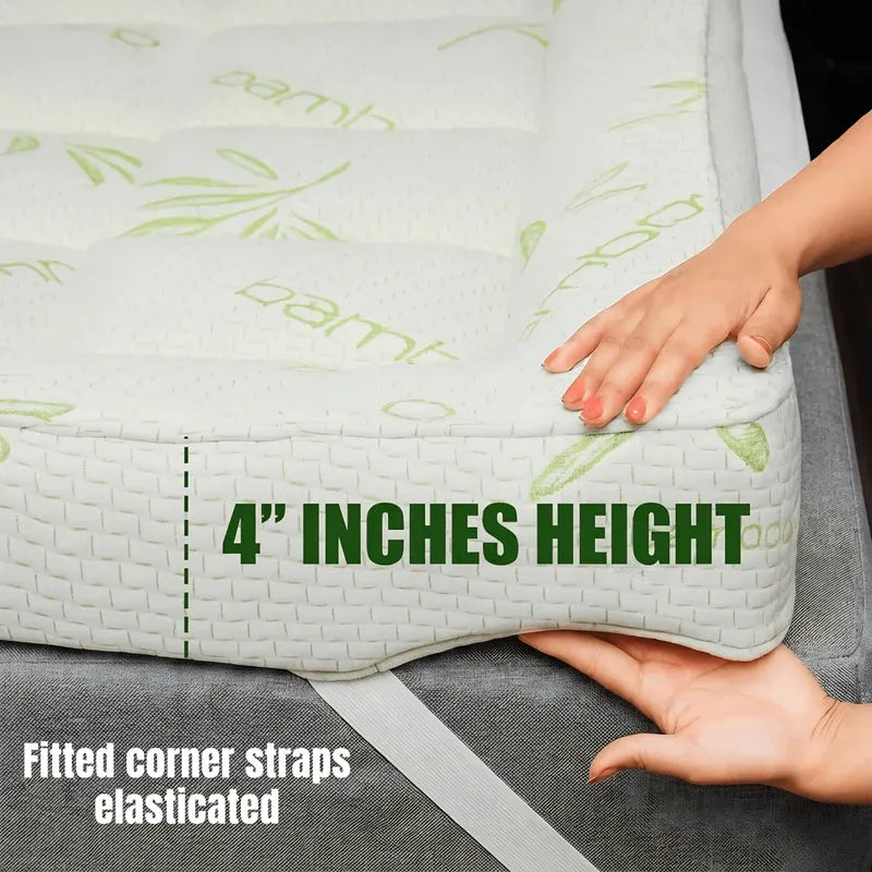 Bamboo Cloud Mattress Topper - 10cm Extra Thick Cooling Bed Topper Box Stitching - 4A's Global