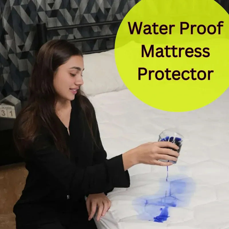 Woman demonstrating water proof mattress protector by pouring water on it.