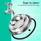 Metallic bowl with water flowing into it, against a teal background with text 'Easy to clean'.