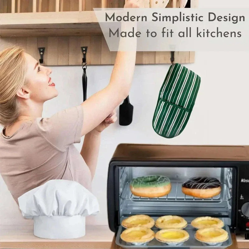 Woman taking a tray of baked goods out of an oven with text about modern simplistic design.