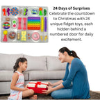 Woman and child opening a gift together with fidget toys displayed above.