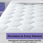 Close-up of a mattress with hexagonal stitching pattern and text about precision in every pattern.