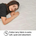 Woman lying on a mattress with text about cotton terry fabric