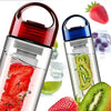 Two fruit-infused water bottles with strawberries and kiwis, surrounded by additional fruits on a white background.