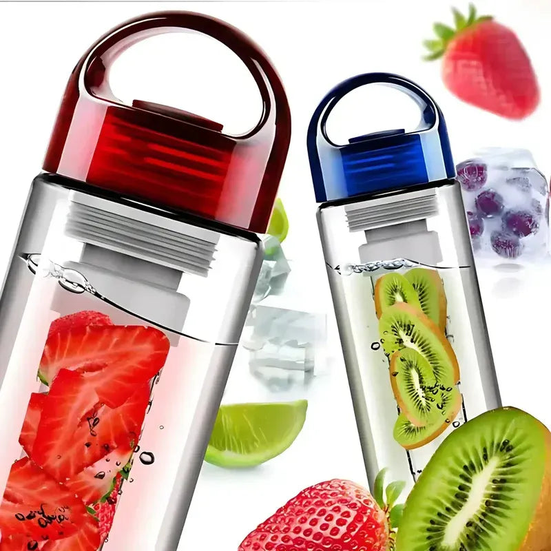 Two fruit-infused water bottles with strawberries and kiwis, surrounded by additional fruits on a white background.