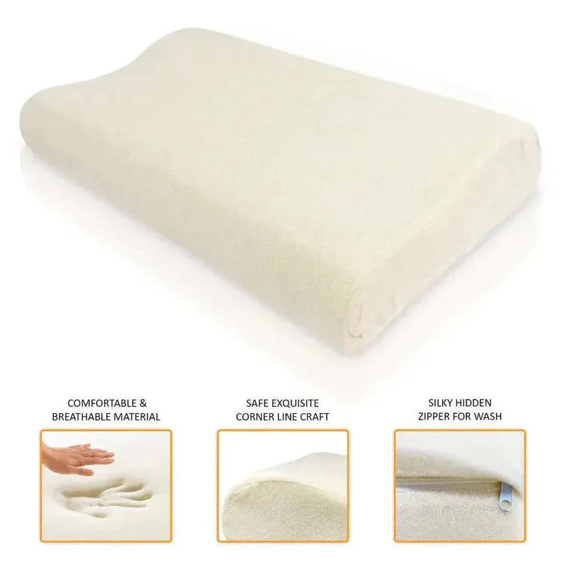 Beige pillow with features highlighted on a white background