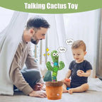 Man and child playing with a talking cactus toy on a light-colored floor.