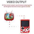 Red game console with screen displaying a character, next to text about video output.