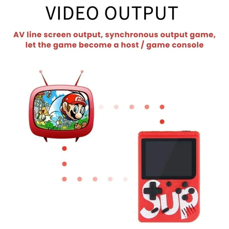 Red game console with screen displaying a character, next to text about video output.