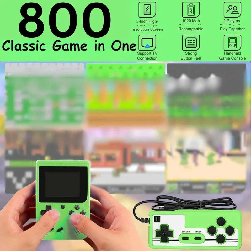 Green handheld game console with controller displaying '800 Classic Game in One' on a blurred background.