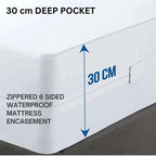 Mattress protector with 30 cm deep pocket and zipper on a bed.