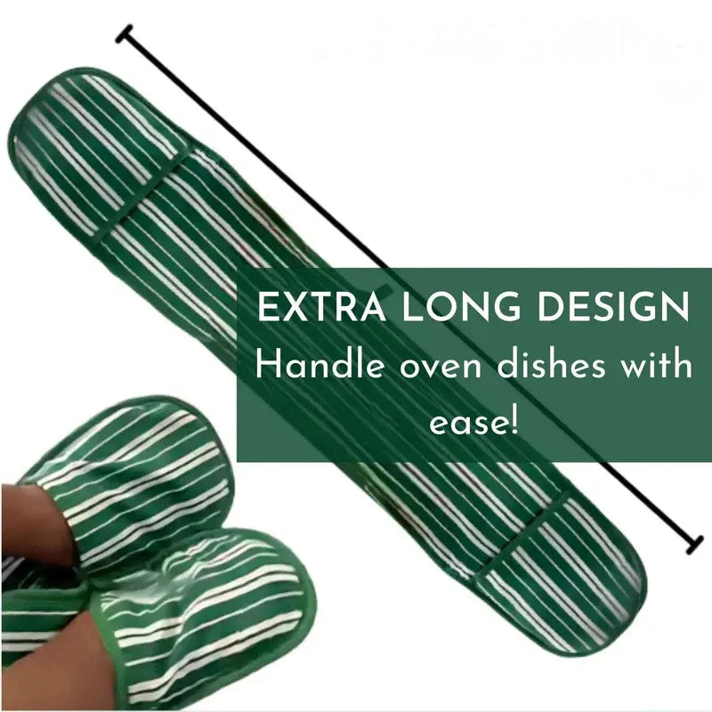 Green and white striped oven mitt with text on a white background