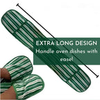 Green and white striped oven mitt with text on a white background